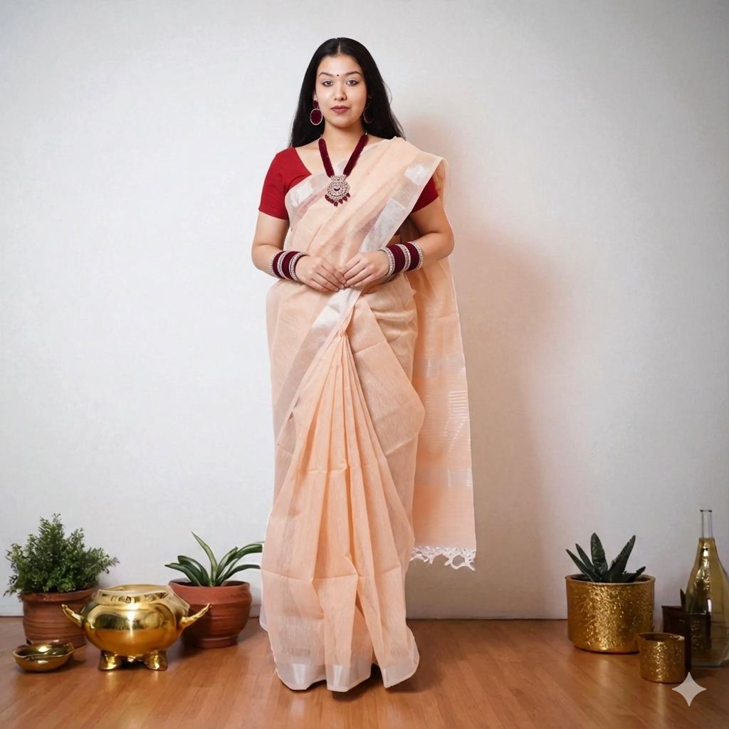 Peach Banarasi Linen Saree