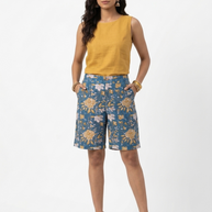 Blue Floral Handblock Cotton Shorts