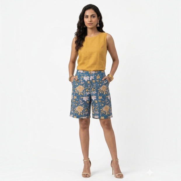 Blue Floral Handblock Cotton Shorts