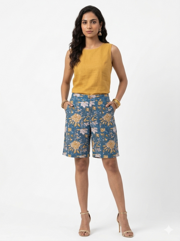 Blue Floral Handblock Cotton Shorts