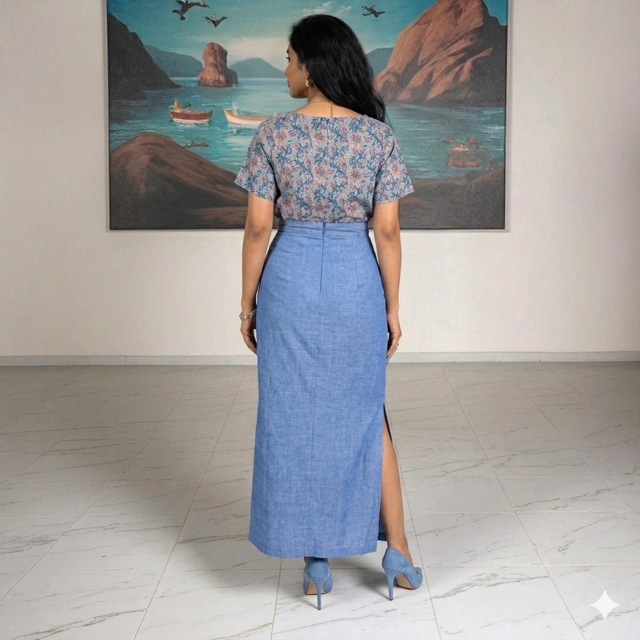 Sky Handwoven Cotton Long Skirt