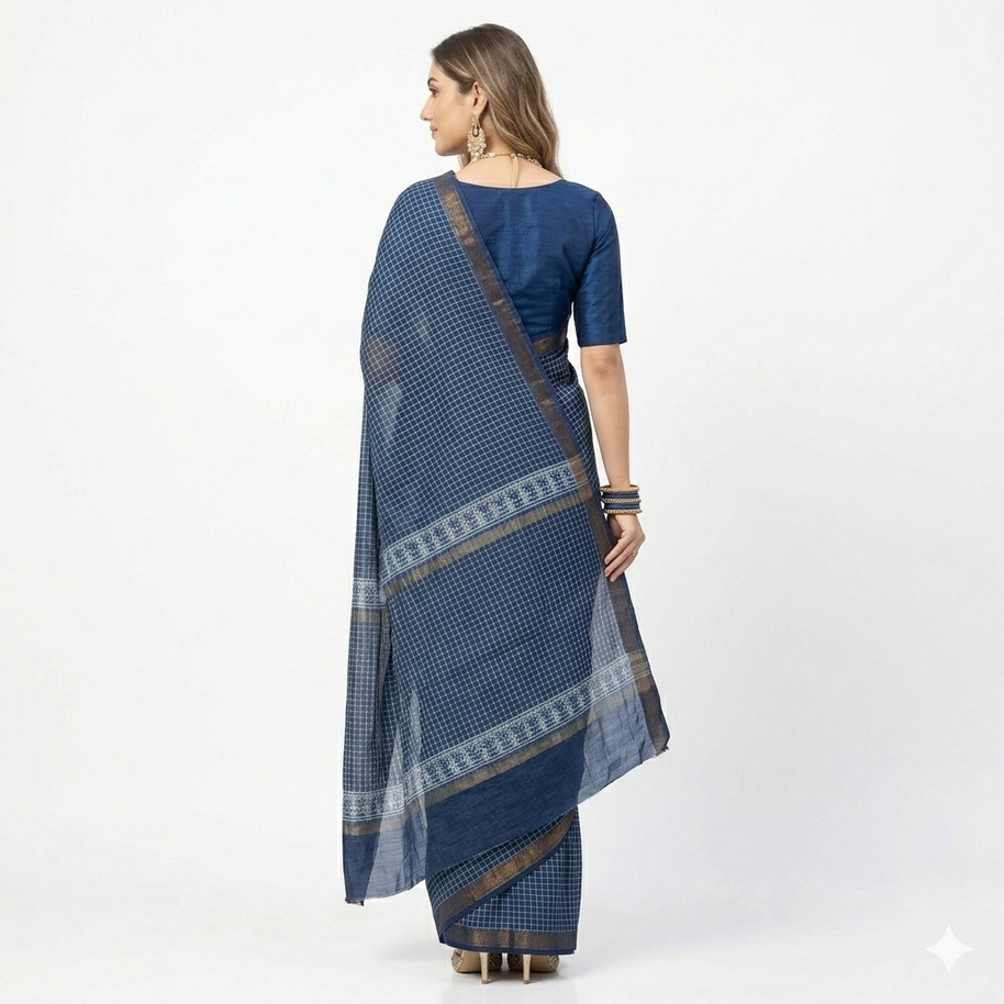 Blue Handblock Maheswari Silk Saree