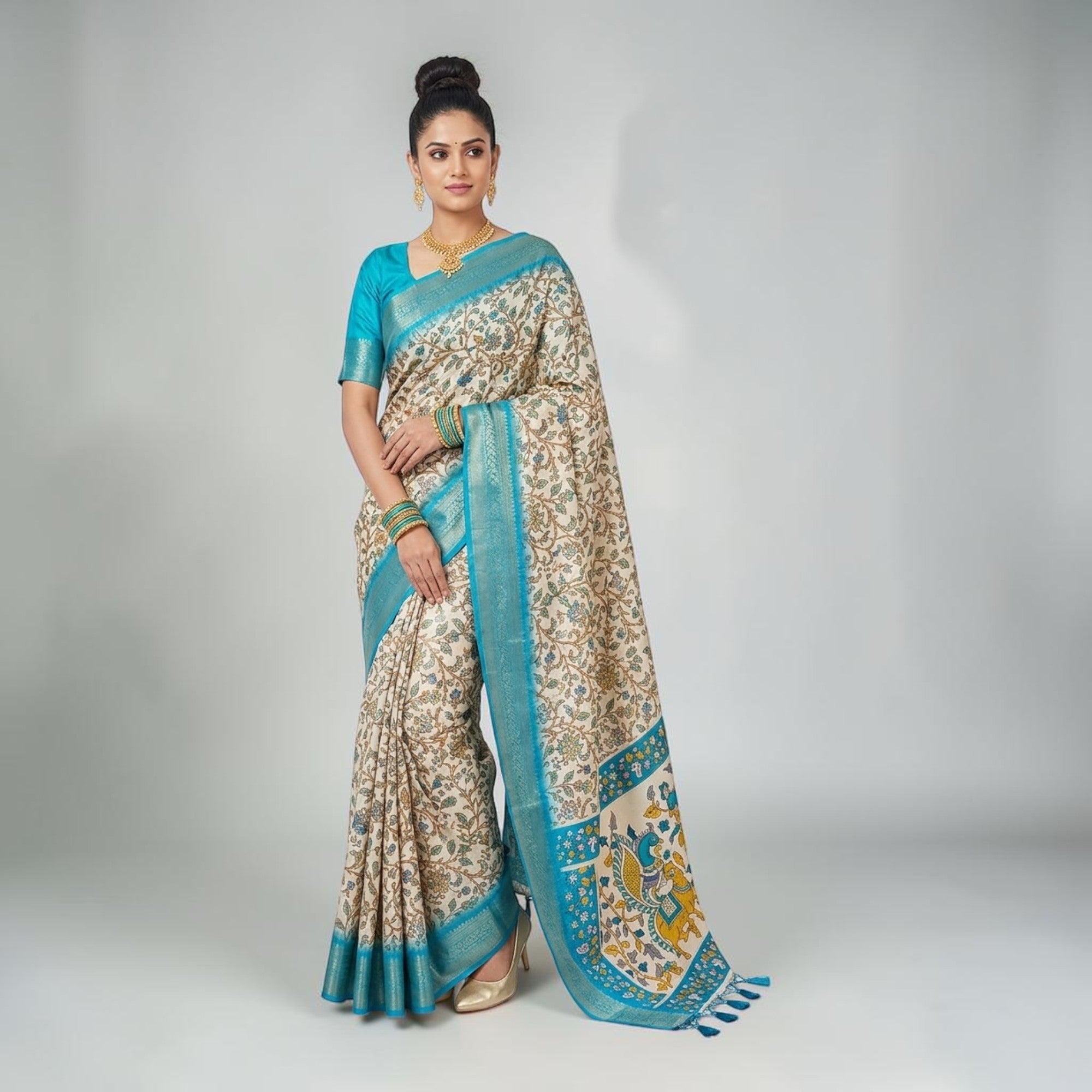 Cream Soft Litchi Silk Saree