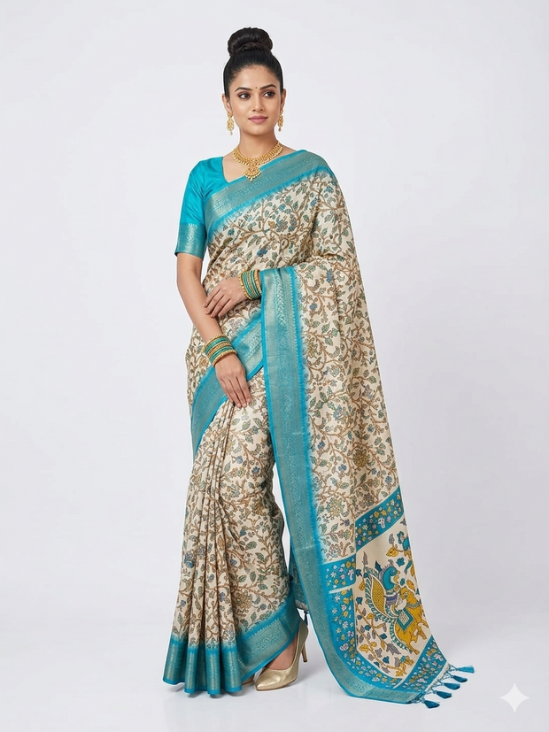 Cream Soft Litchi Silk Saree