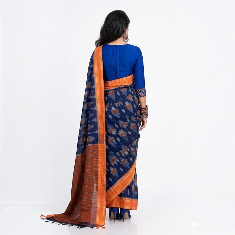 Blue Orange Cotton Saree