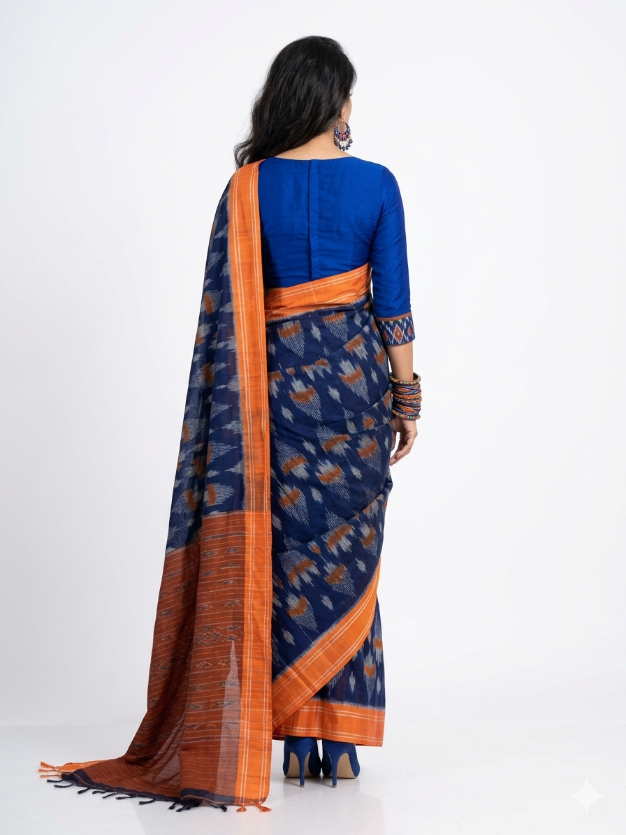 Blue Orange Cotton Saree