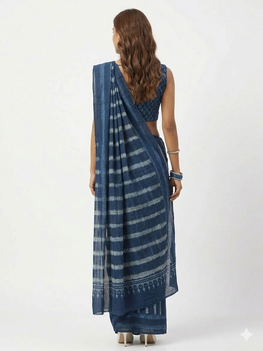 Indigo Stripe Handblock Print Cotton Saree