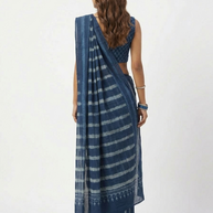 Indigo Stripe Handblock Print Cotton Saree