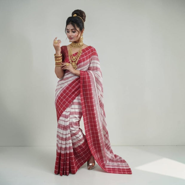 White Red Check Handwoven Cotton Saree