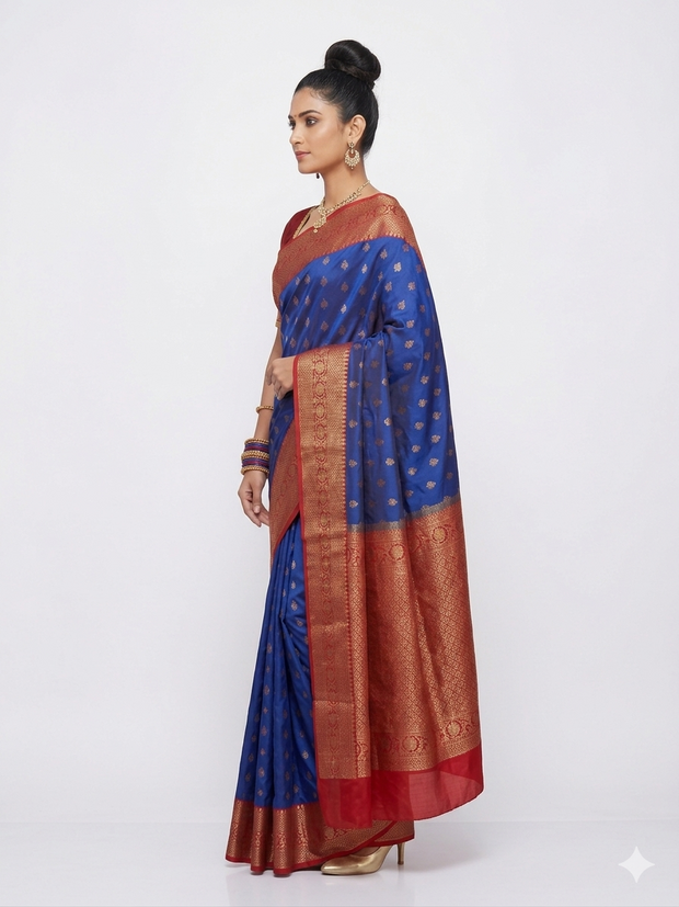Blue Red Border Silk Saree