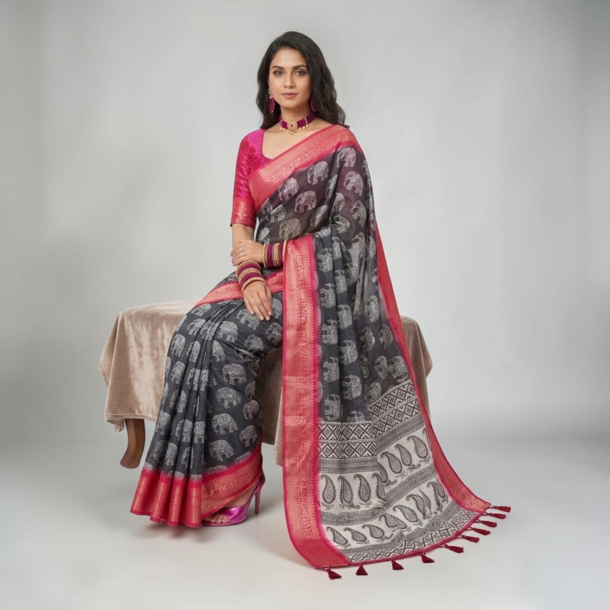 Black Soft Litchi Silk Saree