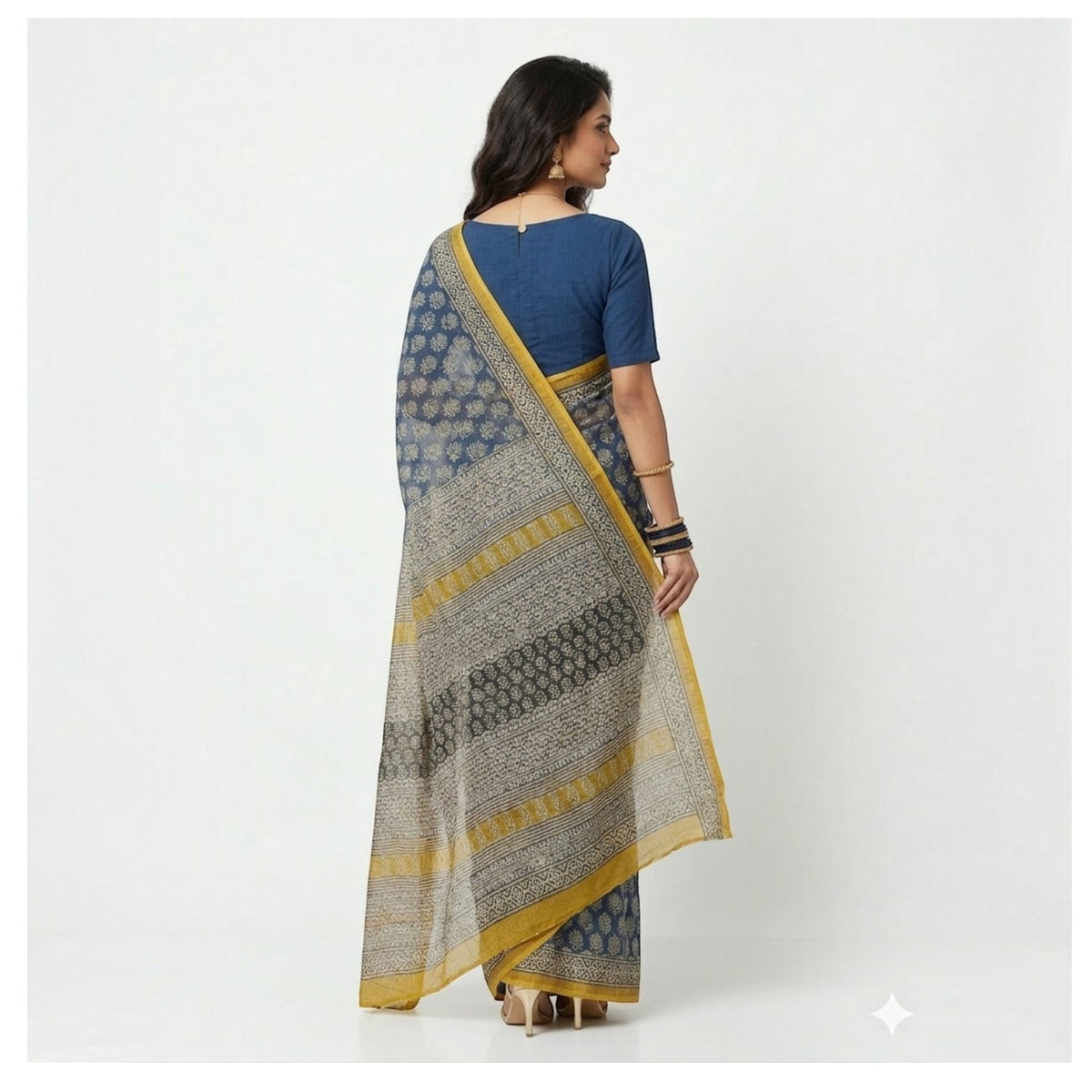 Blue Offwhite Handblock Kota Cotton Saree