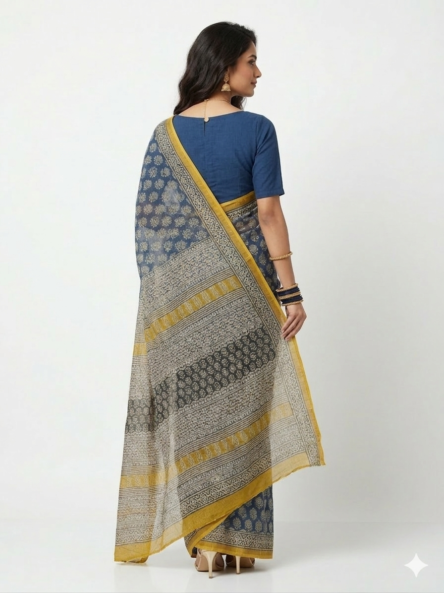 Dark Blue Lotus Handblock Kota Cotton Saree