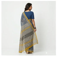 Blue Offwhite Handblock Kota Cotton Saree