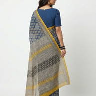 Dark Blue Lotus Handblock Kota Cotton Saree