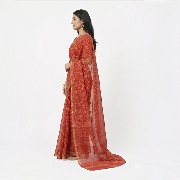 Red Tribal Handblock Kota Cotton Saree