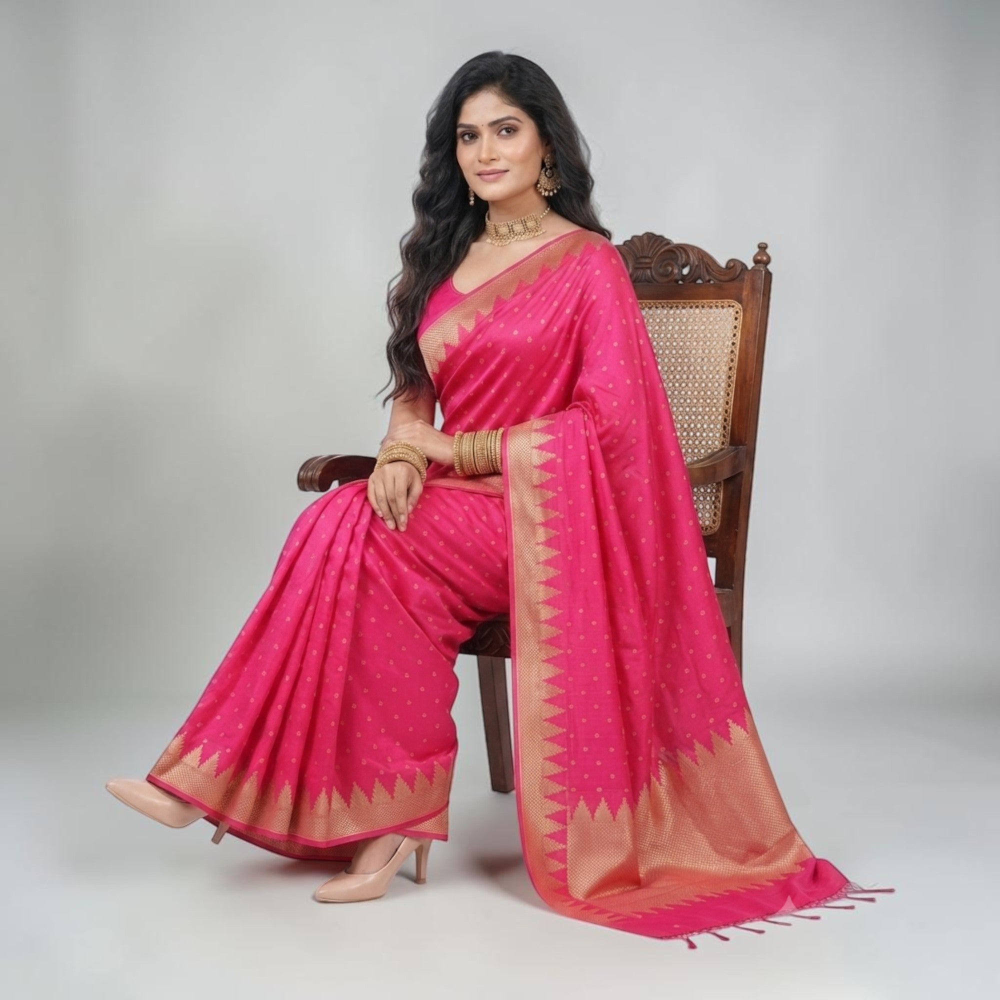 Pink Golden Buti Zari Work Silk Saree