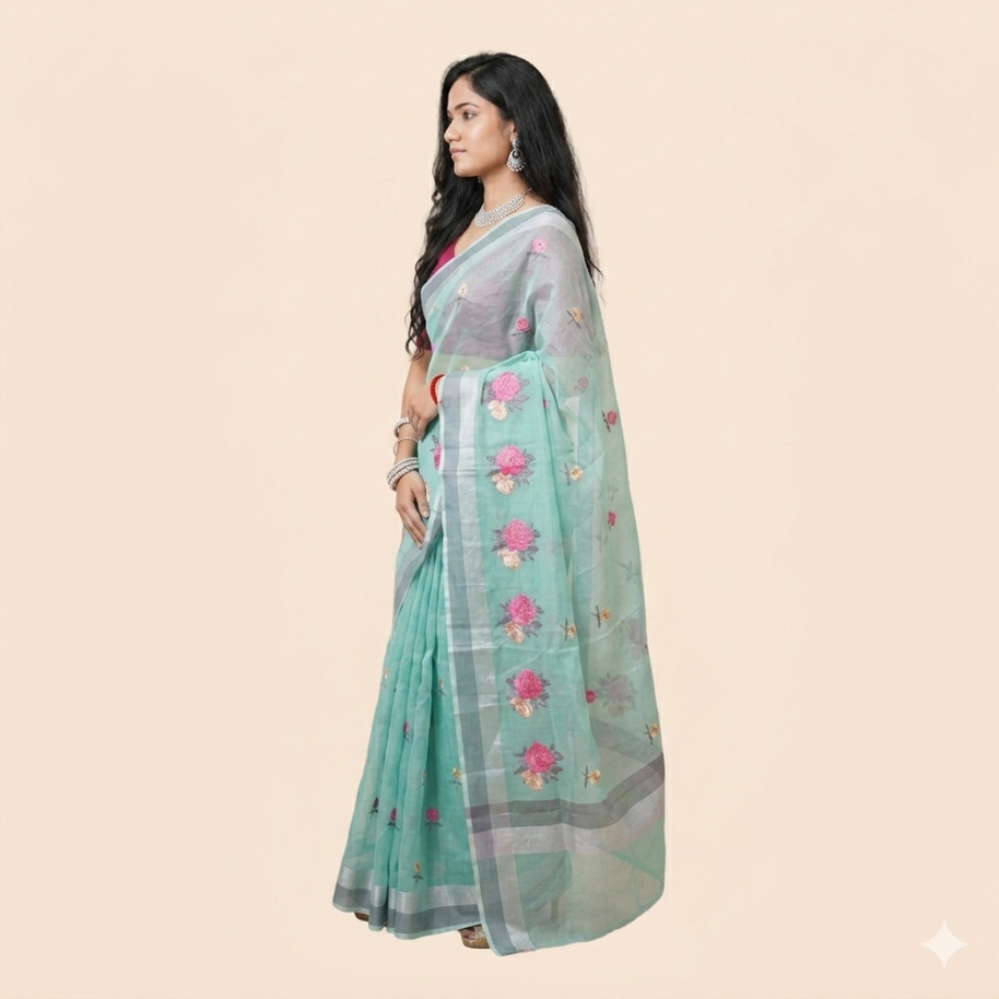 Green Embroidery Kota Cotton Saree