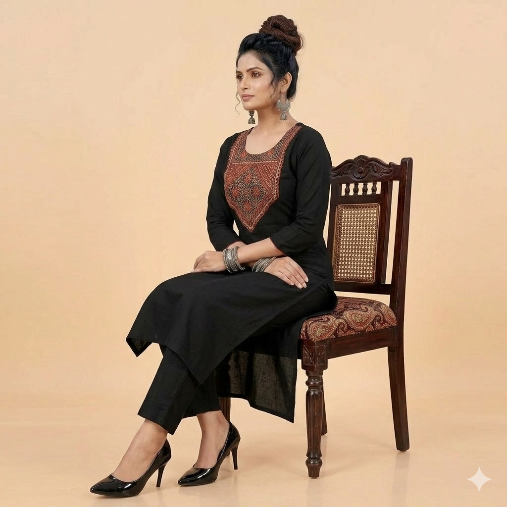 Black Mashru Silk-Cotton Kurta