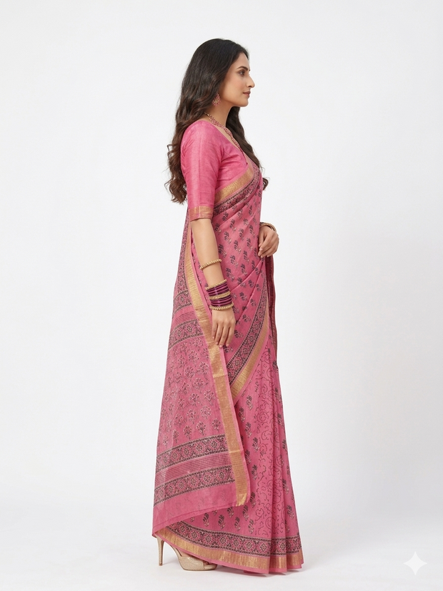 Pink Handblock Print Maheswari Silk Saree