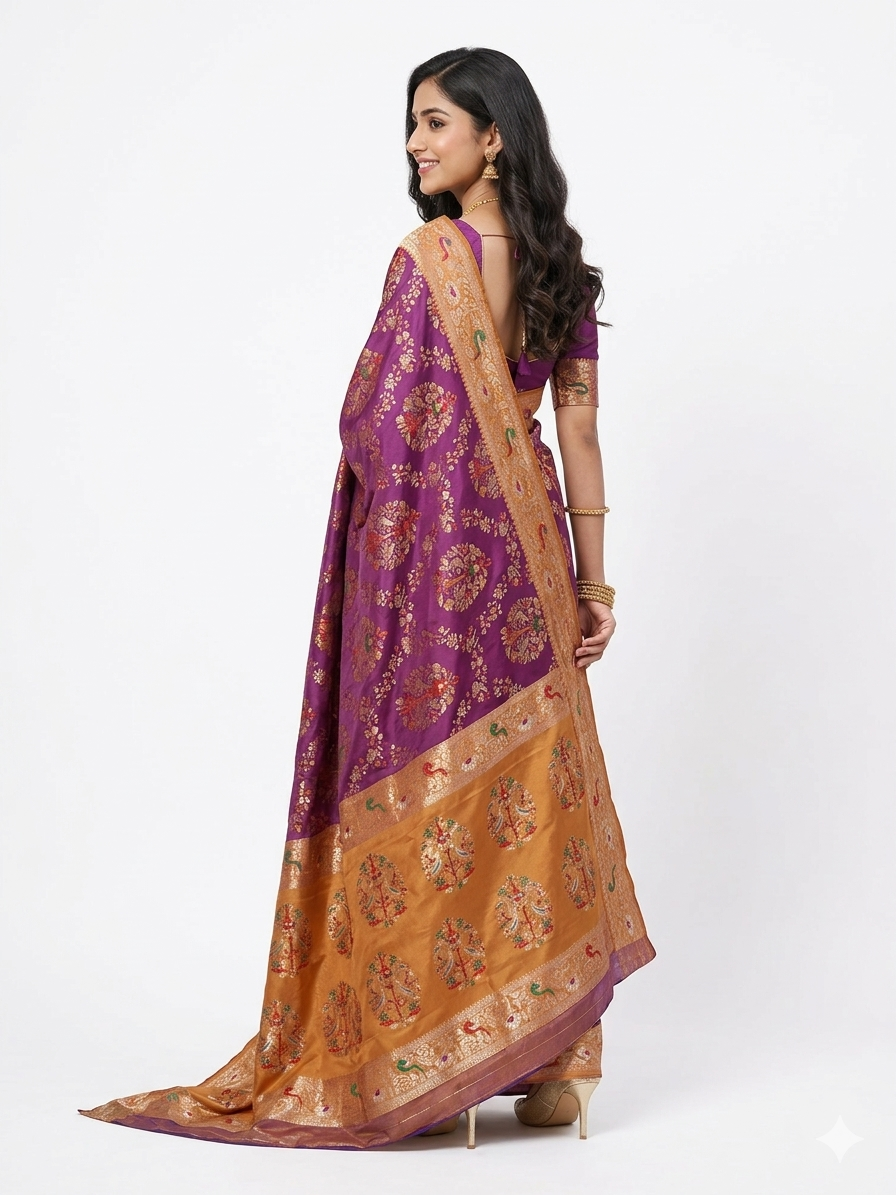 Purple Mustard Zari Work Silk Saree