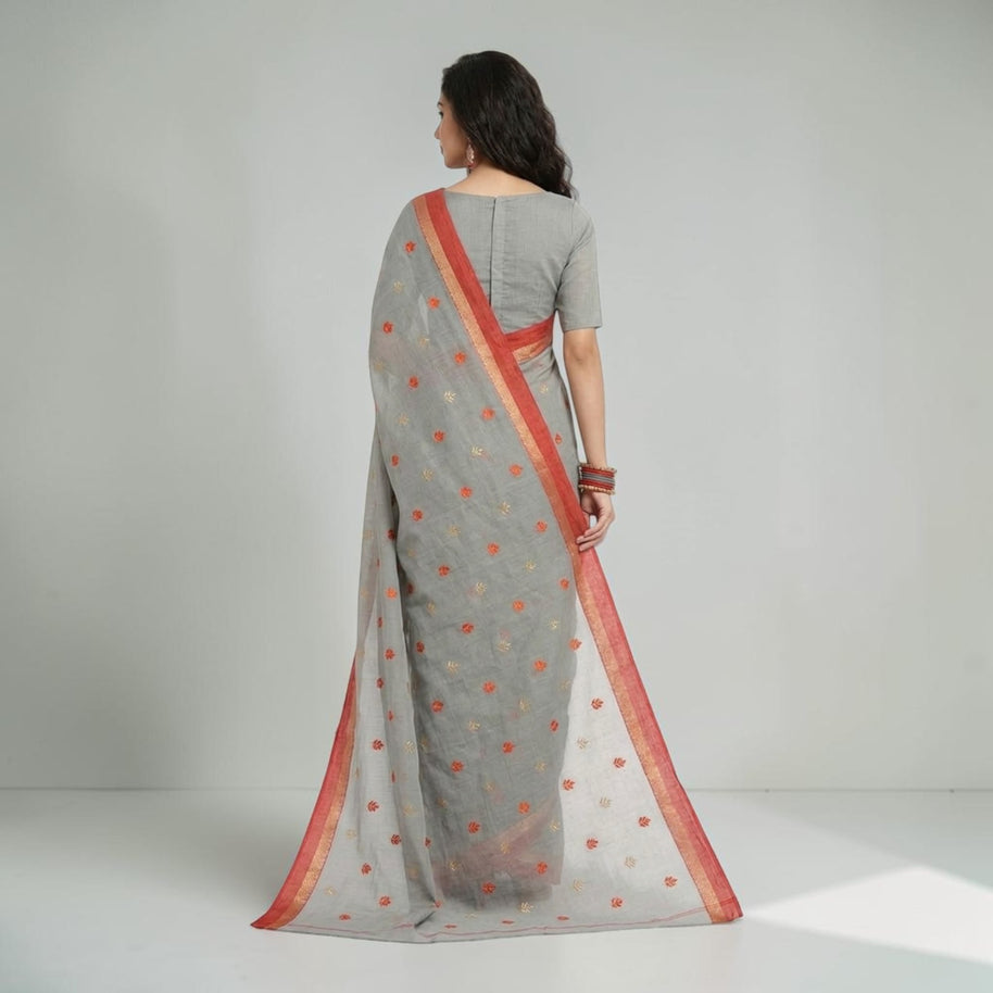 Grey Orange Floral Cotton Saree