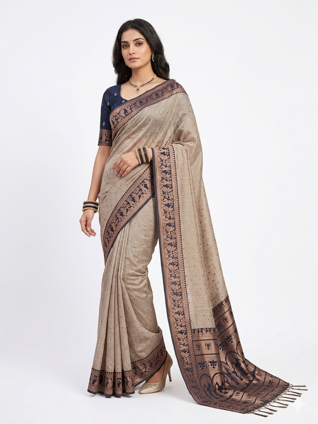 Golden Black Zari Work Silk Saree