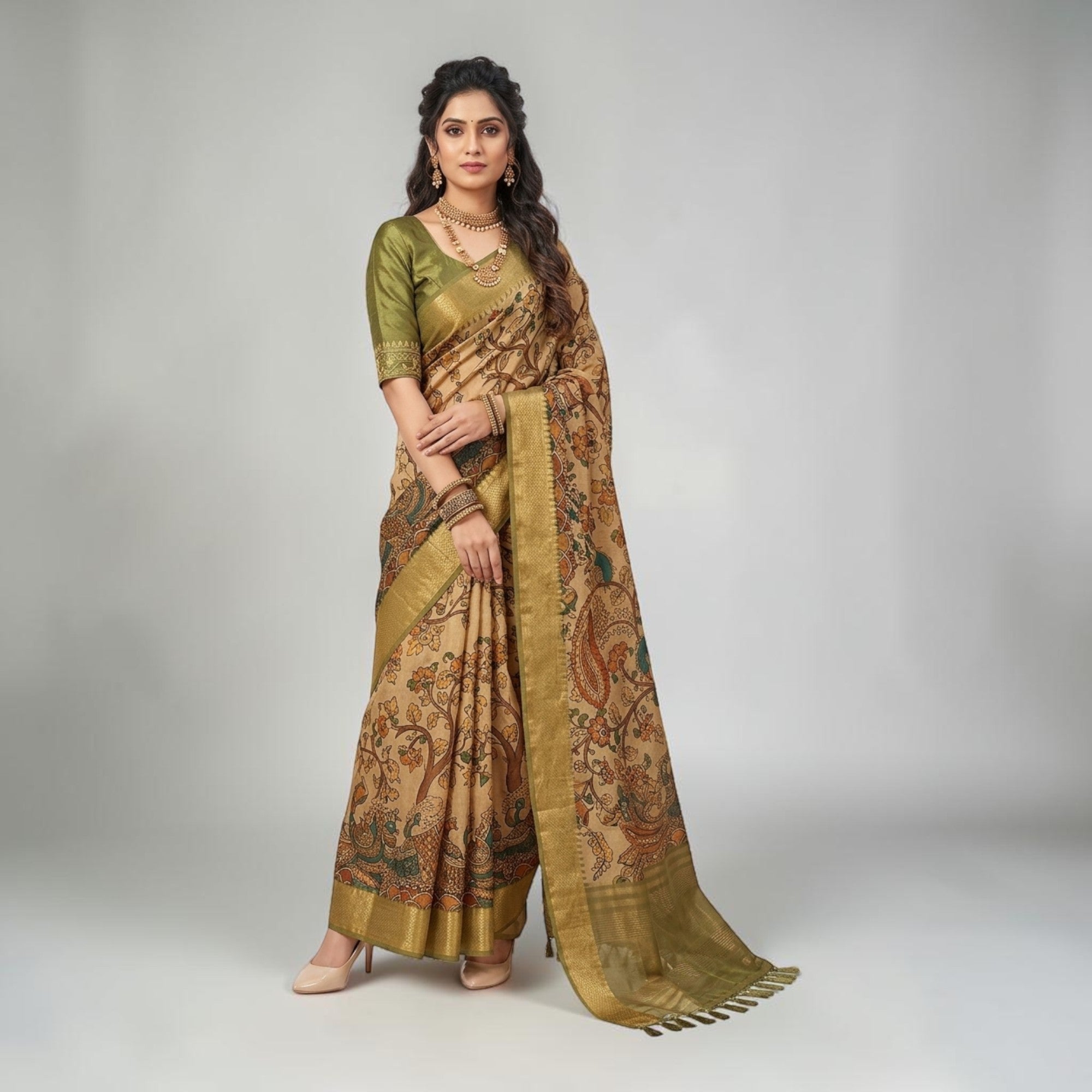 Golden Kalamkari Silk Saree