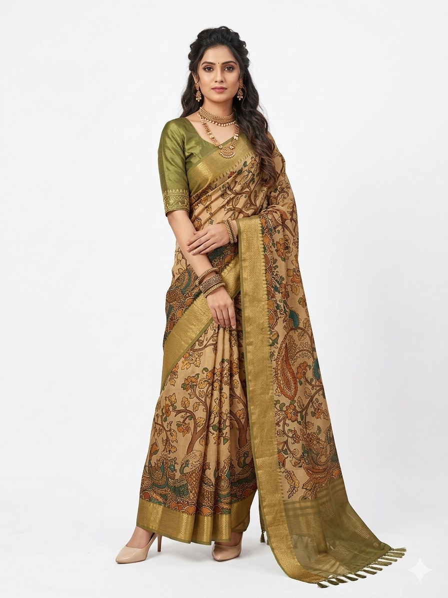 Golden Kalamkari Silk Saree