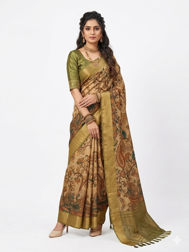 Golden Kalamkari Silk Saree