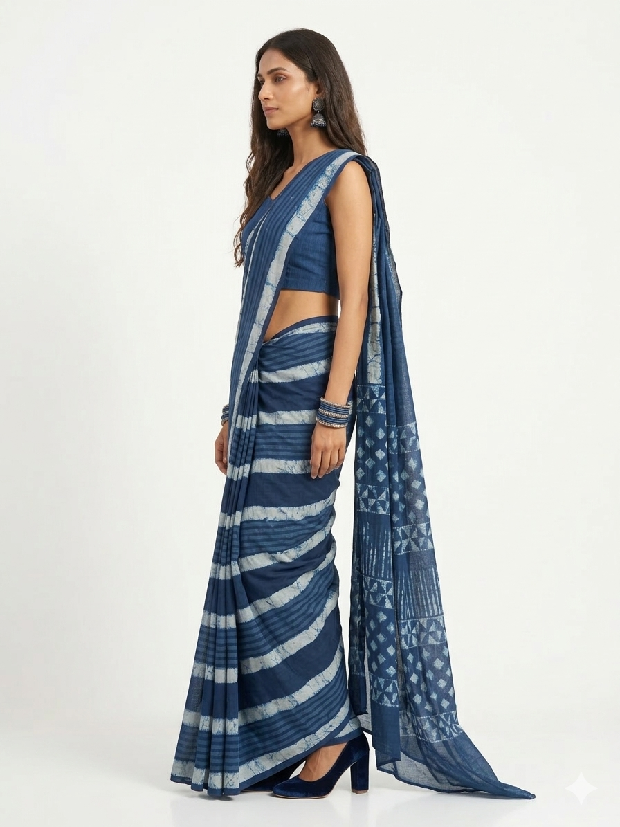 Blue Stripe Handblock Print Cotton Saree