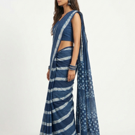 Blue Stripe Handblock Print Cotton Saree