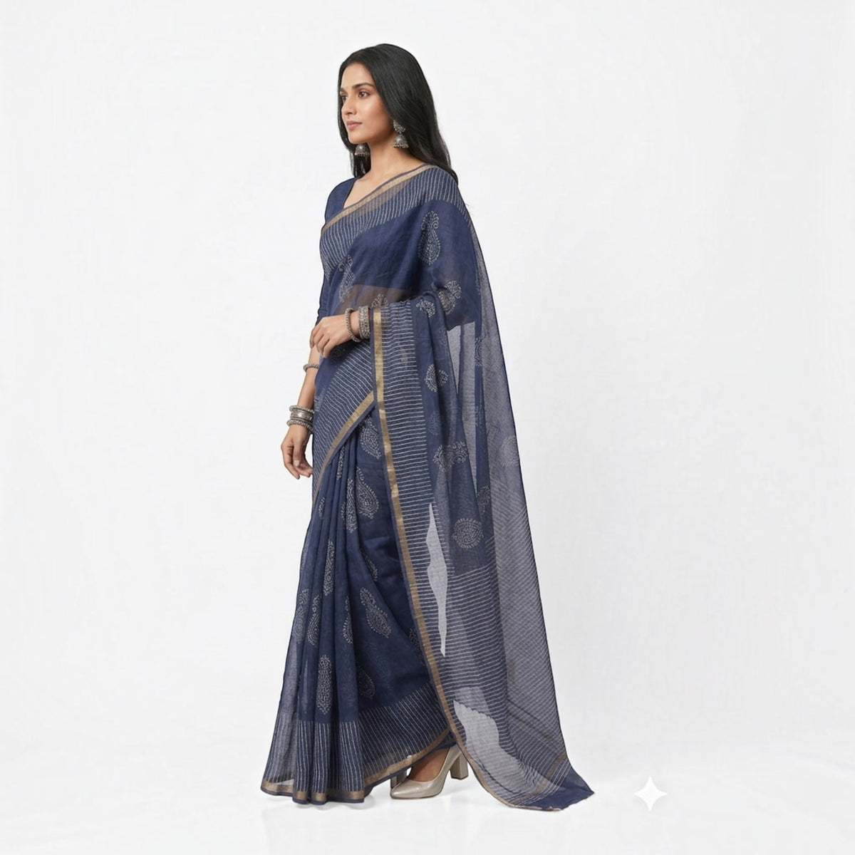Blue Stripe Handblock Kota Cotton Saree