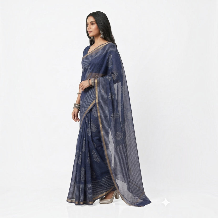 Blue Stripe Handblock Kota Cotton Saree