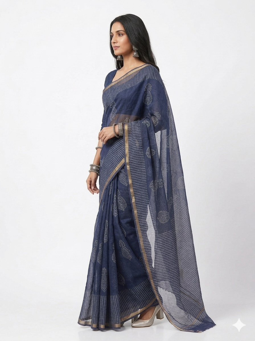 Blue Stripe Handblock Kota Cotton Saree