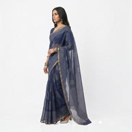 Blue Stripe Handblock Kota Cotton Saree