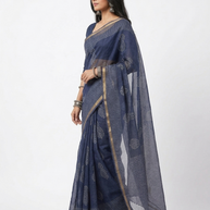 Blue Stripe Handblock Kota Cotton Saree