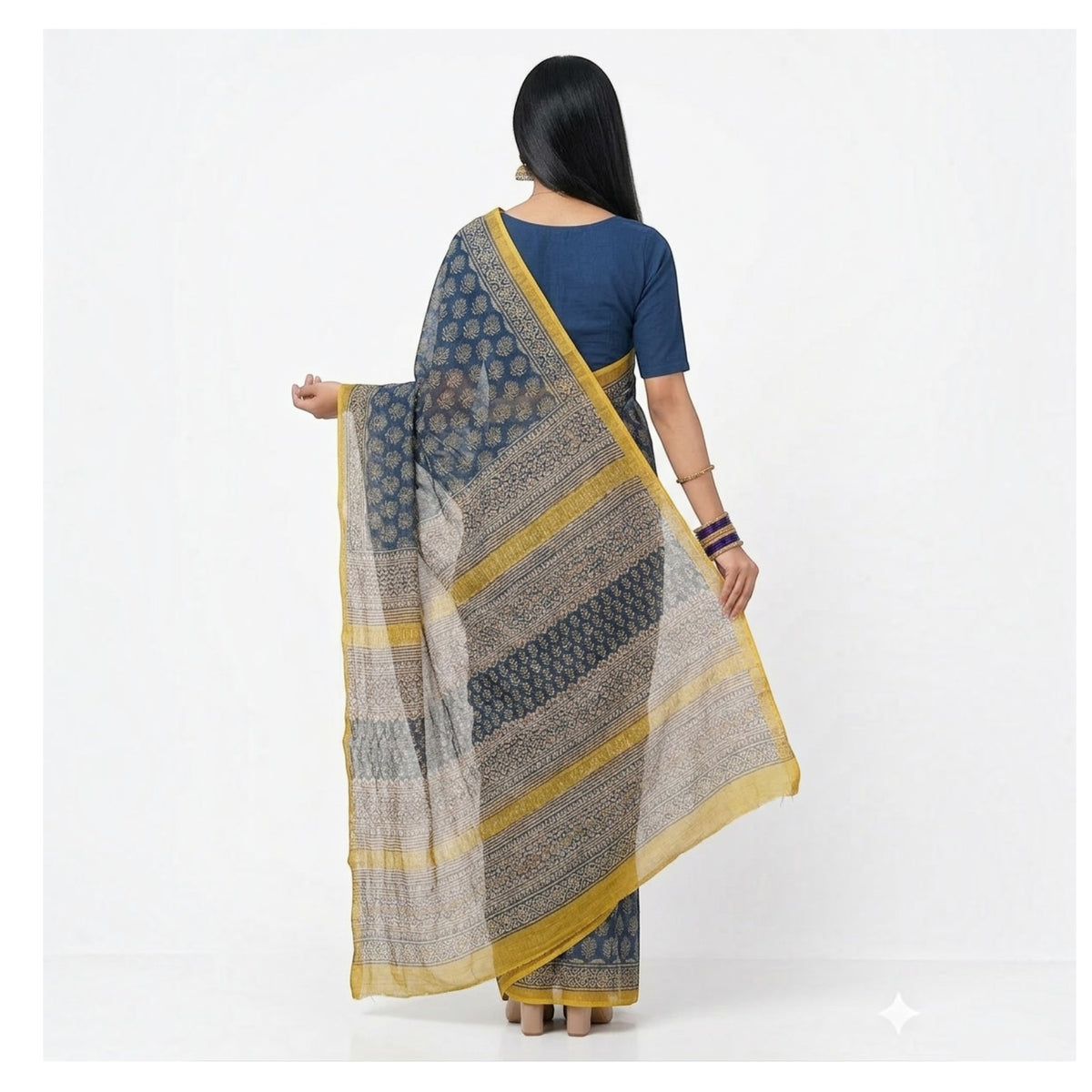 Dark Blue Lotus Handblock Kota Cotton Saree