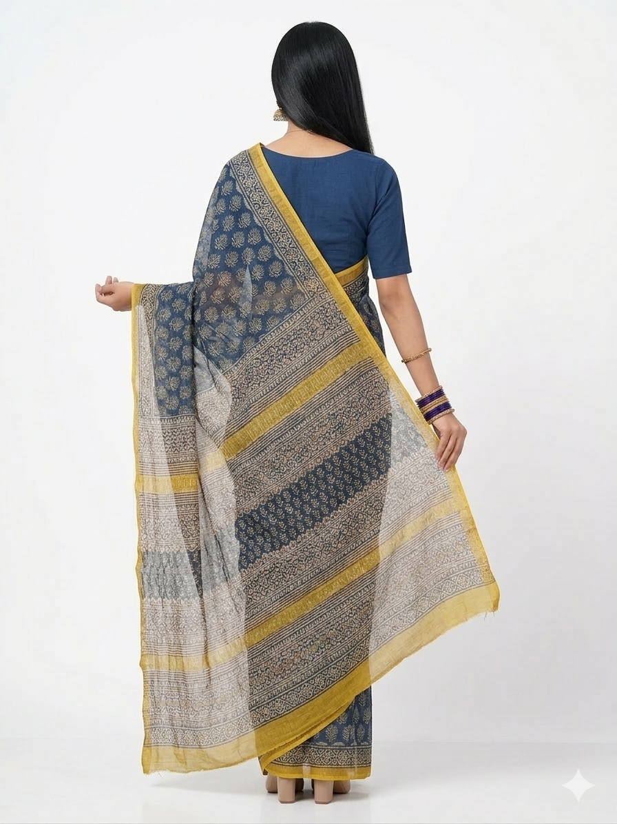 Blue Offwhite Handblock Kota Cotton Saree