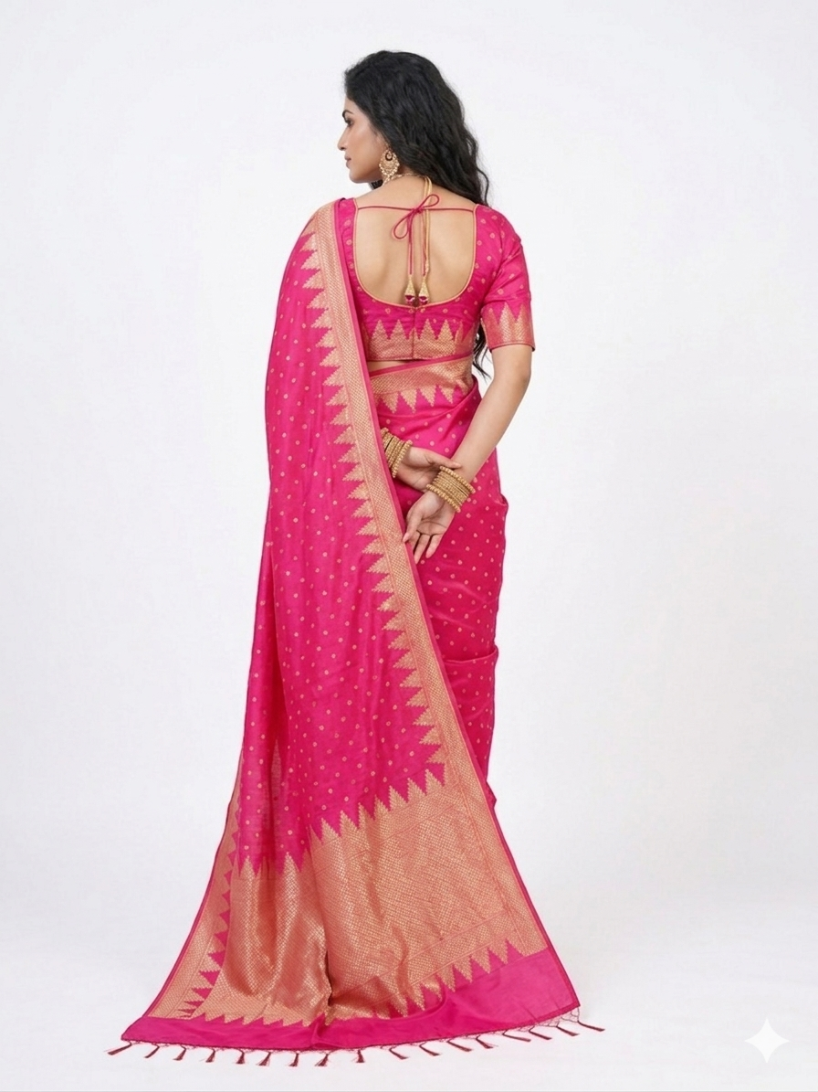 Pink Golden Buti Zari Work Silk Saree