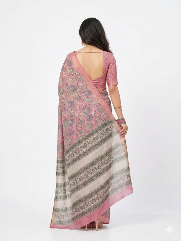 Pink Handblock Maheswari Silk Saree