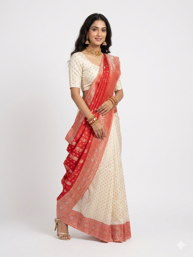 Cream Red Border Silk Saree