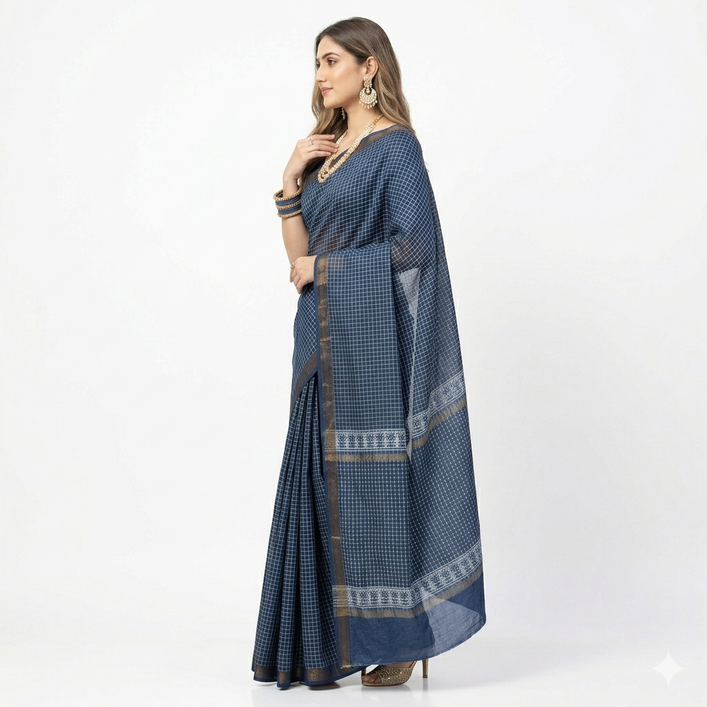 Blue Handblock Maheswari Silk Saree