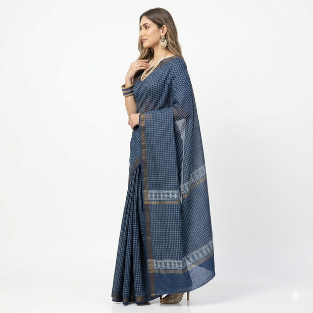 Blue Handblock Maheswari Silk Saree