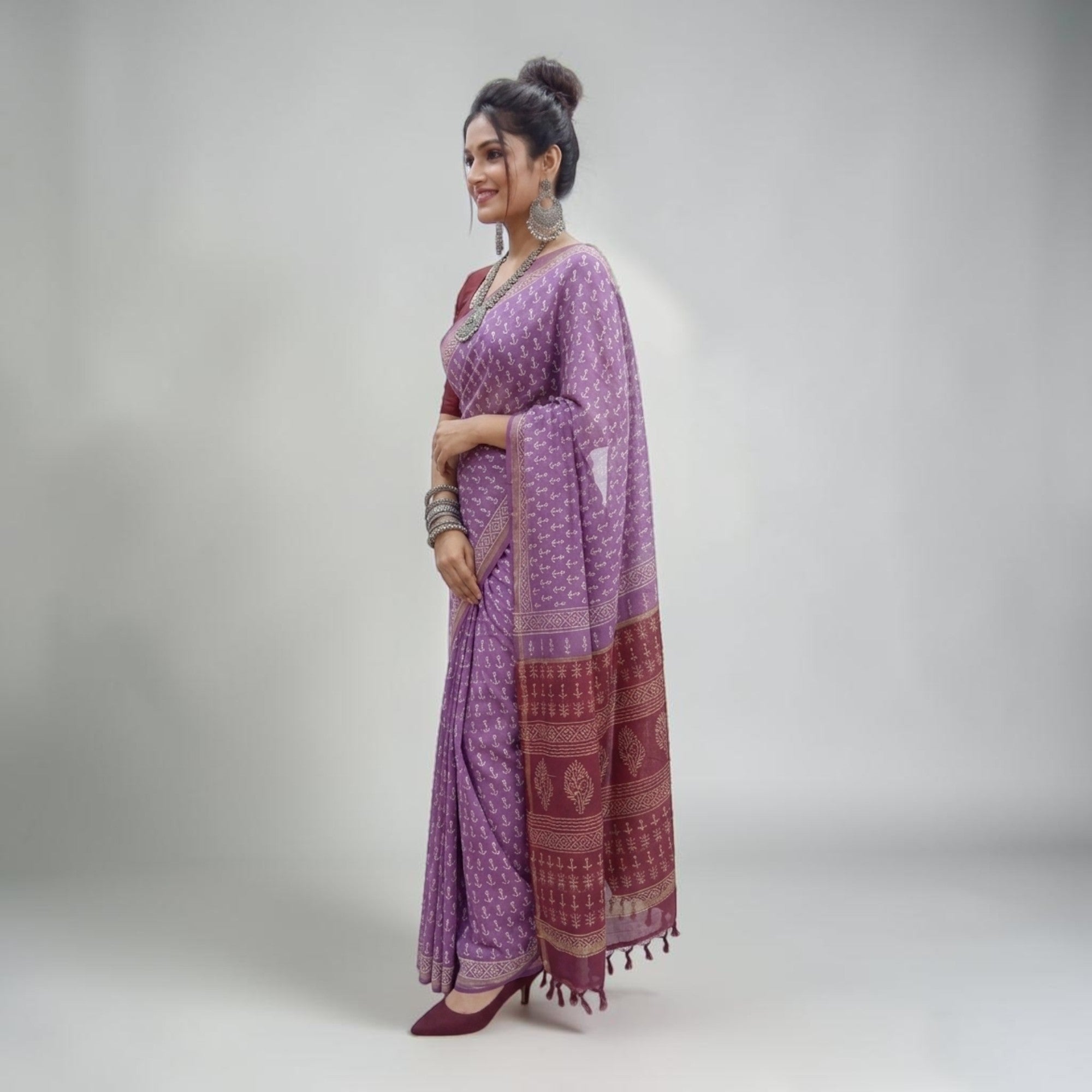 Purple Handblock Chanderi Saree