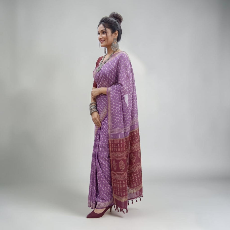 Purple Handblock Chanderi Saree