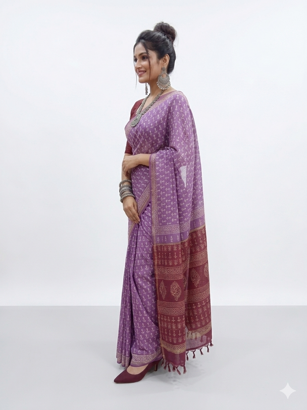 Purple Handblock Chanderi Saree