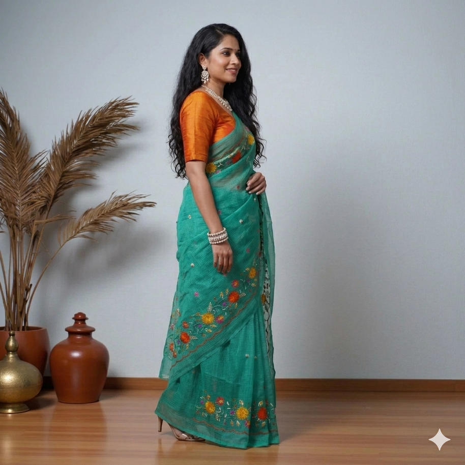 Green Pink Embroidery Kota Cotton Saree