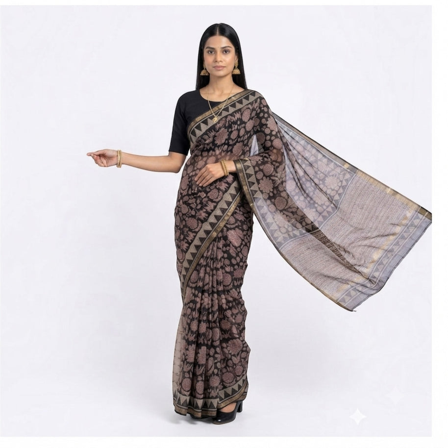 Black Floral Handblock Kota Cotton Saree