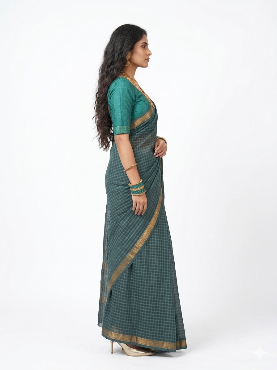 Dark Grey Handblock Maheswari Silk Saree